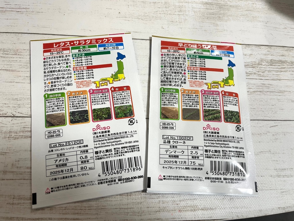 早どりほうれん草とレタス・サラダミックス(種) ダイソー 家庭菜園