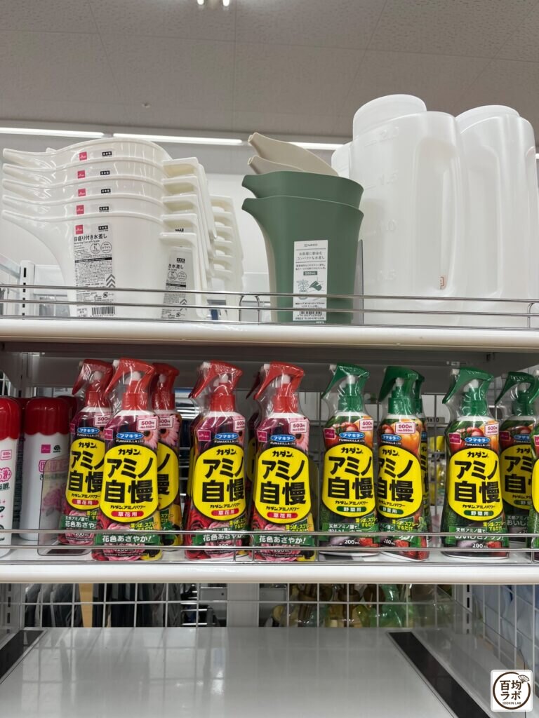ダイソー 東戸塚のアウトドア売り場に並ぶ目盛り付き水差し、コンパクトな水差しなど計4商品（2026年8月13日撮影）